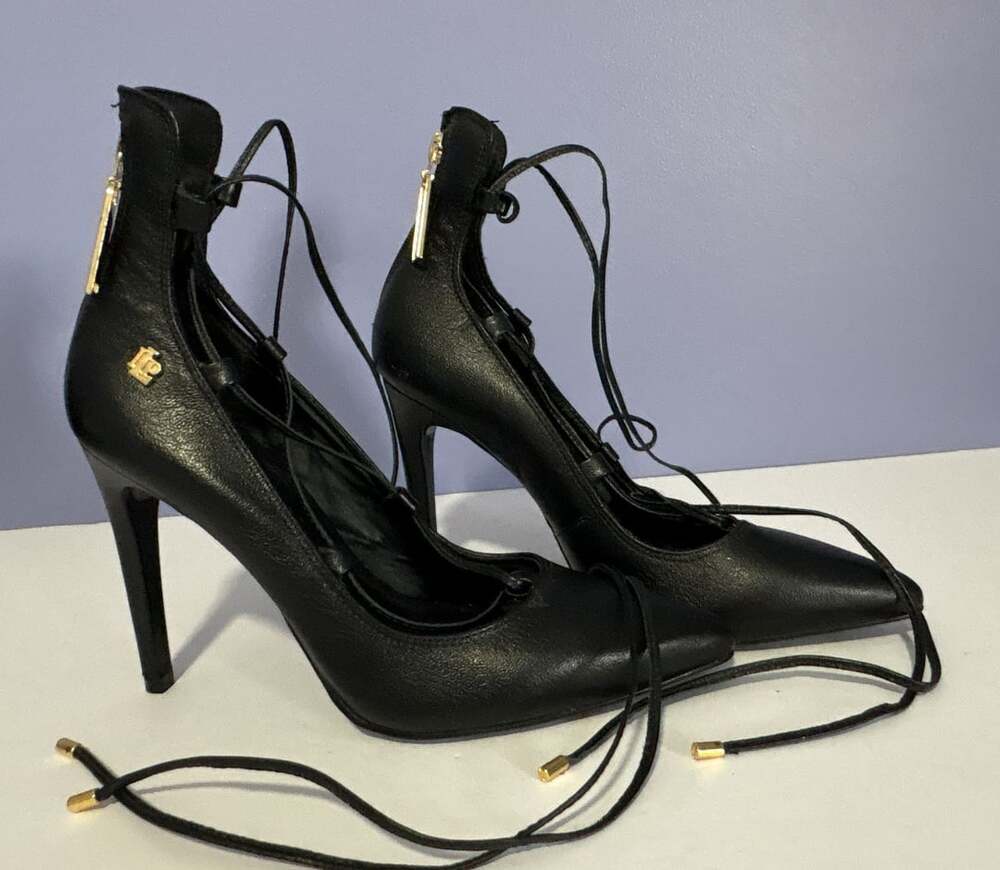 Lança Perfume Black Leather Ankle Tie Stiletto Heels Size 7